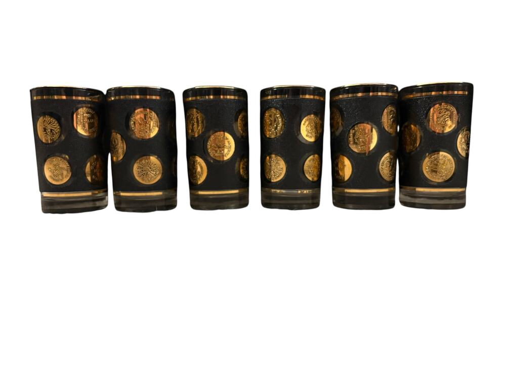 Libby Set 6 Black & Gold Liberty Coin Glasses Mid-century Modern Madmen Barware